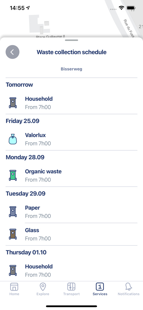CityApp - Your guide to VDL - Calendario de recogida de residuos en la CityApp que muestra las próximas fechas de recogida de residuos domésticos y reciclables en la ciudad de Luxemburgo.
