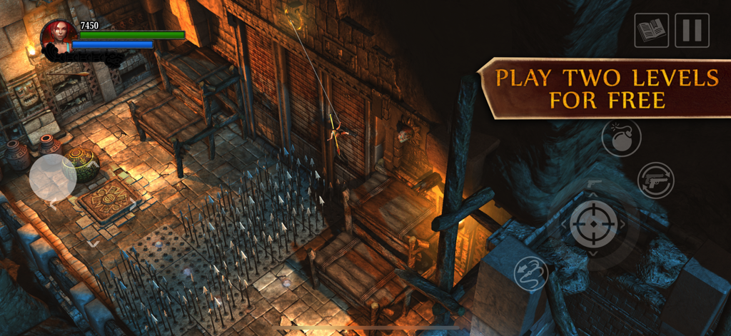 Lara Croft: Guardian of Light - Lara Croft using a grappling hook to navigate a tomb room filled with floor spikes