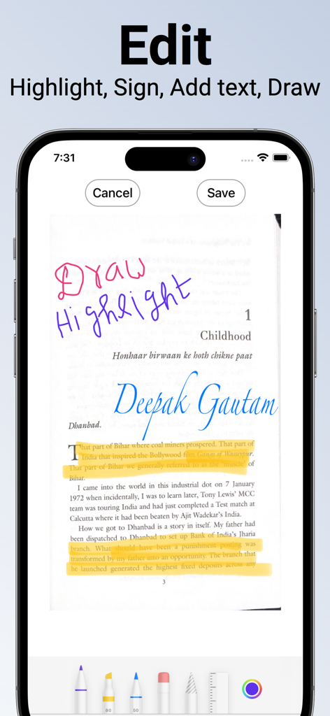 PDF document Scanner :Doc Scan - Una pantalla de smartphone que muestra las funciones de edición de una aplicación de escaneo de documentos, incluyendo resaltar y dibujar en una página escaneada