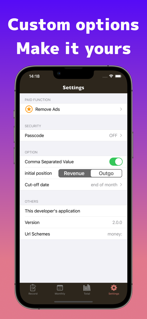 Simple Money Recorder - Settings screen of the Simple Money Recorder app with options for passcode security and display customization