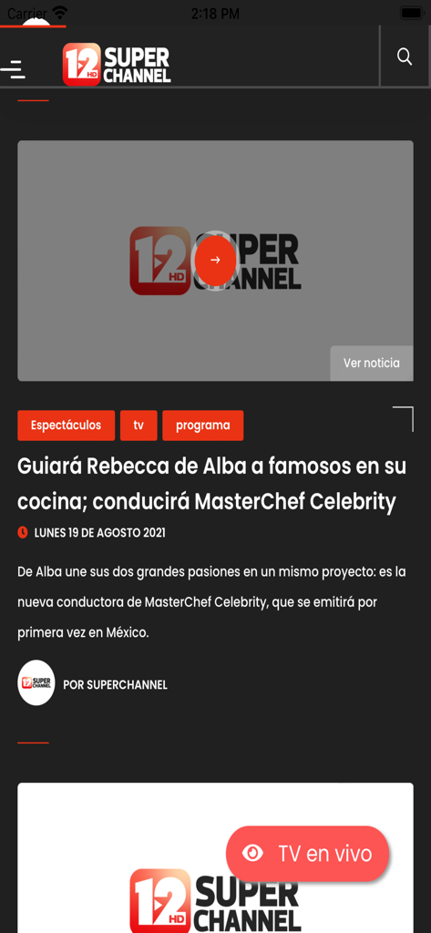 Super Channel 12 - Spanish language news article on the Super Channel 12 mobile app interface with a live TV button.