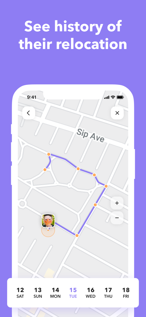 My Geo — find friends & family - My Geo app screen showing a user movement history route on a map with a date selector