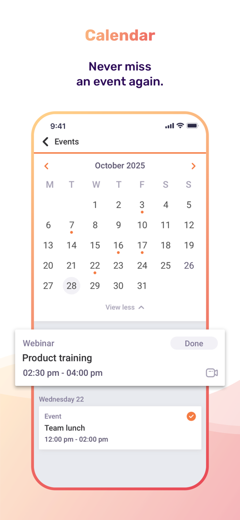 L'écran calendrier de l'application Whaller affiche les événements et webinaires programmés.