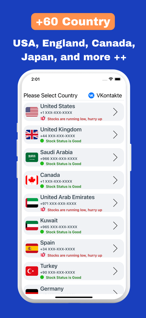 Interface showing a list of over 60 countries available for virtual SMS verification numbers