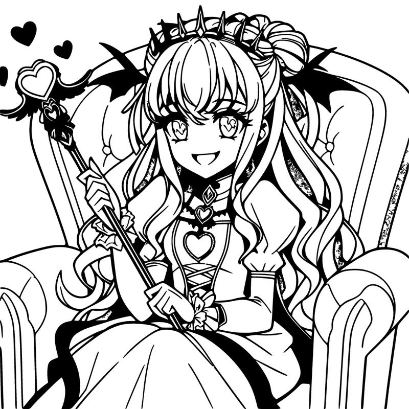 young anime queen sitting on throne holding heart  scepter with evil smile