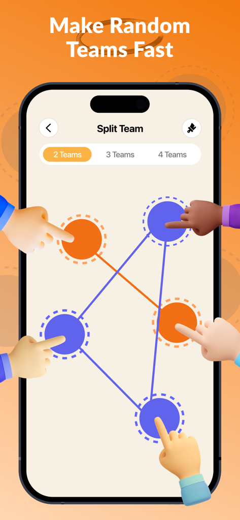Lucky Tap: Touch, Spin, Decide - Interface of the Lucky Tap app showing the random team splitter feature with five fingers touching the screen to form groups