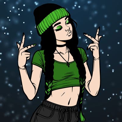 realistic teenage girl with braids and a beanie and crop top doing 🫶🏼