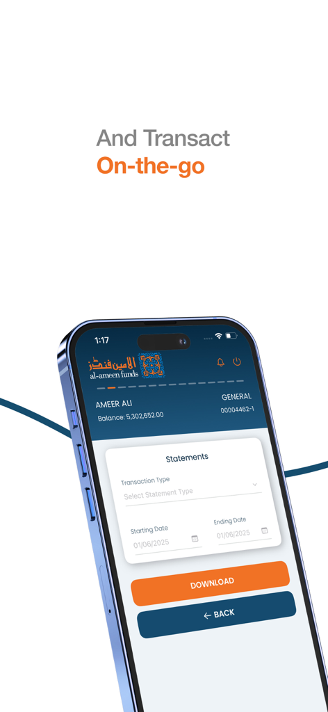 Al Ameen Funds mobile app interface for viewing and downloading investment statements