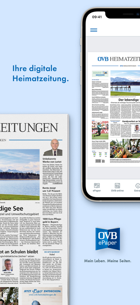 Smartphone screen showing the OVB ePaper app with a digital German newspaper layout
