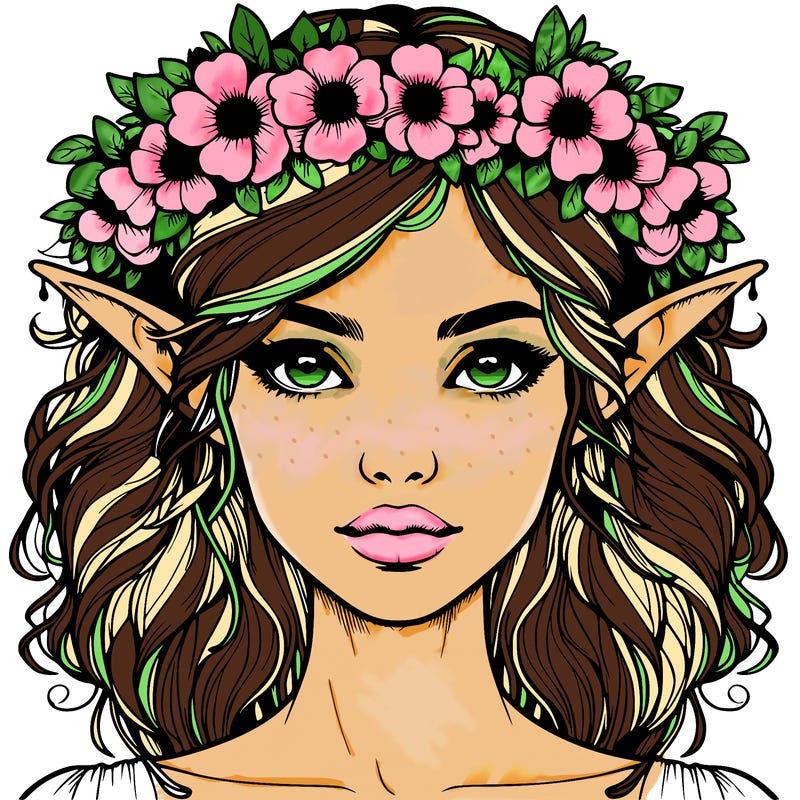 realistic female elf with flower crown