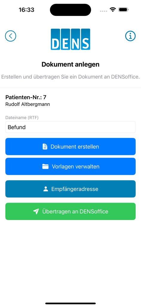 Ein Screenshot der DENStext-App, der die Benutzeroberfläche zur Erstellung von Patientendokumenten für Zahnärzte zeigt