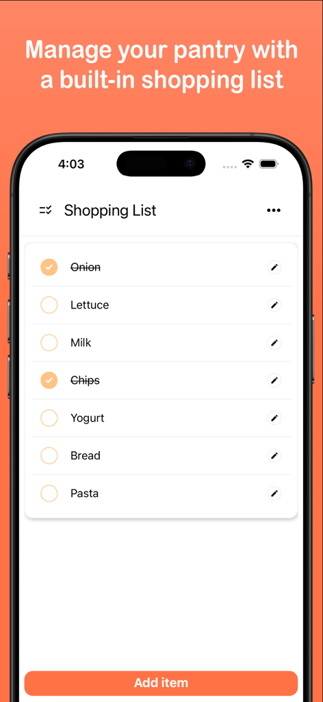 Pocket Cookbook - Pocket Cookbook shopping list interface on an iPhone screen showing grocery items and checklist