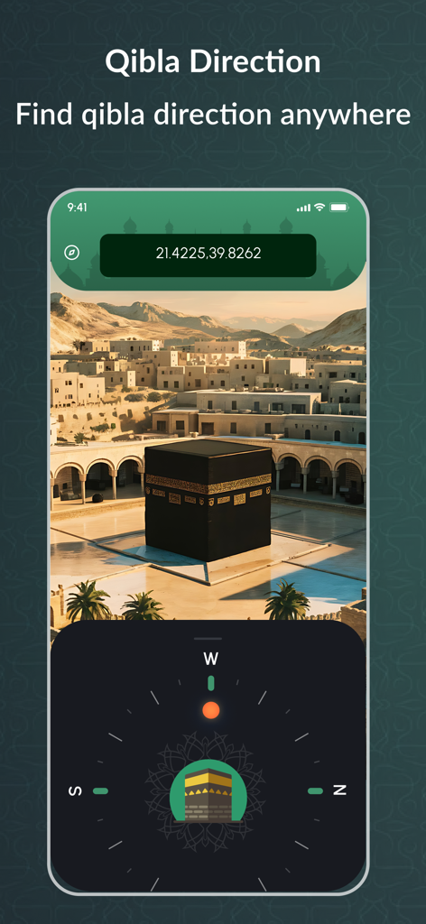 Quran Learning: AI Recitation - Quran Learning app Qibla direction feature with a digital compass and Kaaba image