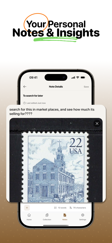 Stamp Identifier - Scan Value - Écran de smartphone montrant la fonction de notes personnelles et d'aperçus de l'application Identifiant de Timbre avec un scan d'un timbre américain de 22 cents.