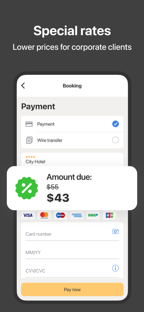 Ostrovok Komandirovki - Mobile Zahlungsbildschirm mit speziellen Firmenraten und Kreditkartenfeldern für eine Geschäftsreisebuchung.