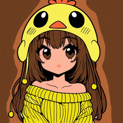 anime girl with chick shaped hat with sweater with bare shoulders with bangs covering them one eye with low tail