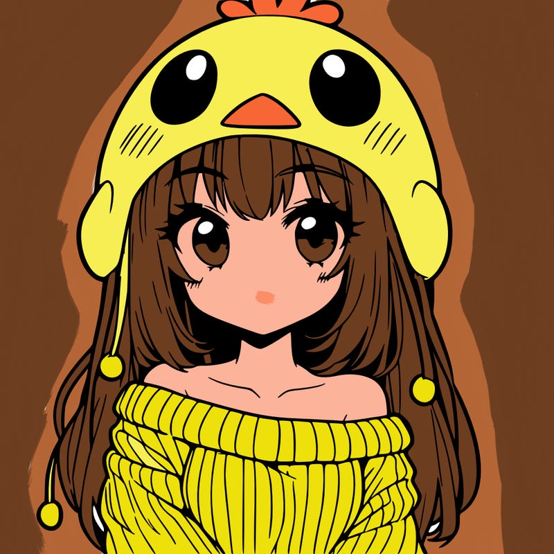 anime girl with chick shaped hat with sweater with bare shoulders with bangs covering them one eye with low tail
