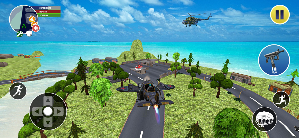 Gameplay screenshot of a plane flying over a tropical island in Real Gangster Vegas Mafia City