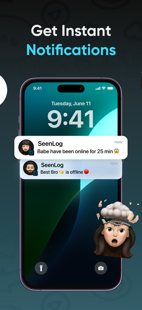 SeenLog app lock screen showing instant notifications for user online activity and status updates