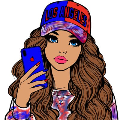 realistic beautiful girl wearing los ángeles cap holding an iphone
