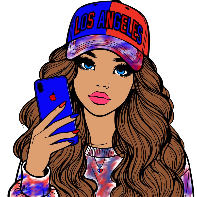 realistic beautiful girl wearing los ángeles cap holding an iphone