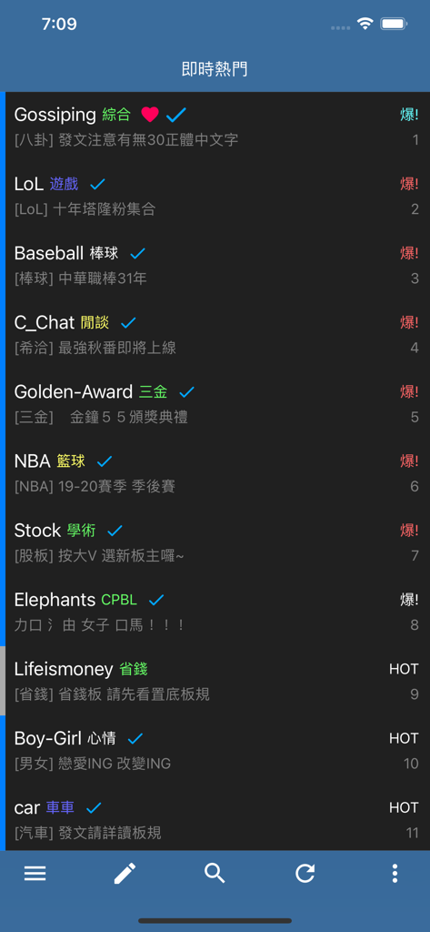 BePTT - BePTT mobile app interface showing a list of trending popular boards from the PTT bulletin board system in dark mode.