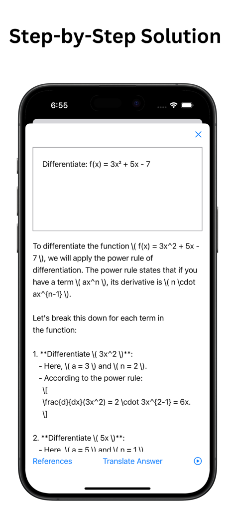 Easy Maths - AI Math Solver - Smartphone screen displaying a detailed step-by-step calculus solution for a differentiation problem using the Easy Maths AI solver.