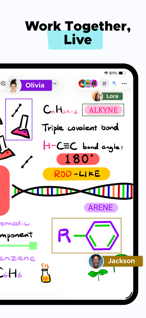 Notewise - AI Notes, PDF, Docs - A screenshot of Notewise app showing real-time collaboration on a chemistry notebook with multiple users contributing handwritten diagrams and text