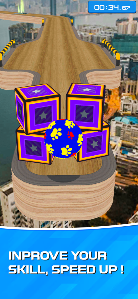 A blue ball with paw prints rolling on a wooden track past purple obstacles over a city landscape