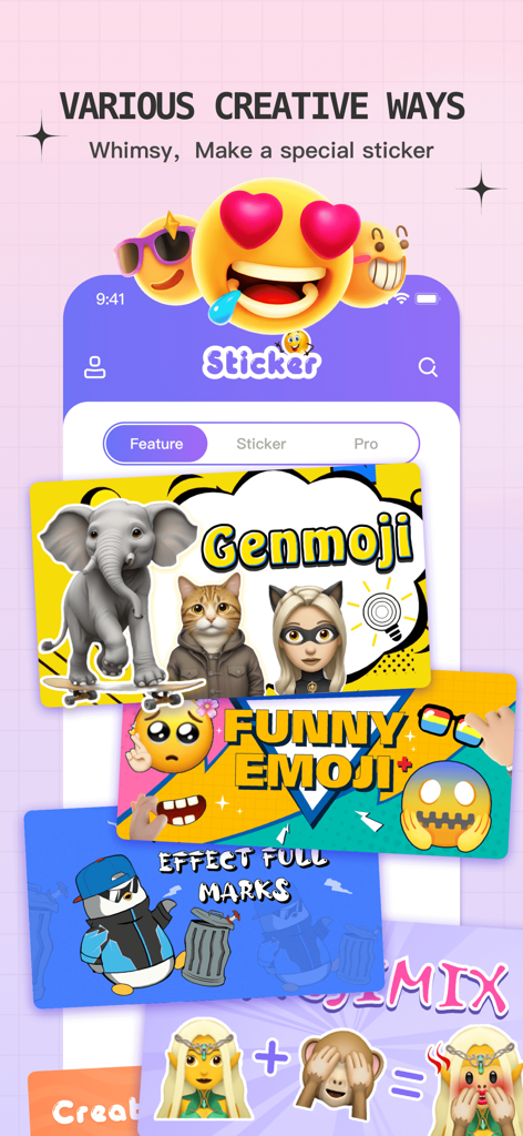 Tela do aplicativo Happy Stickers mostrando recursos criativos como Genmoji, Emoji Engraçado e Emoji Mix para stickers personalizados