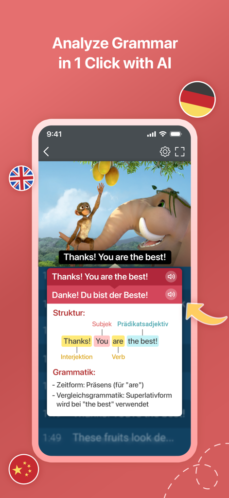 Interface de l'application BiliTube montrant une analyse grammaticale alimentée par l'IA et une décomposition de la structure des phrases pour les sous-titres YouTube bilingues