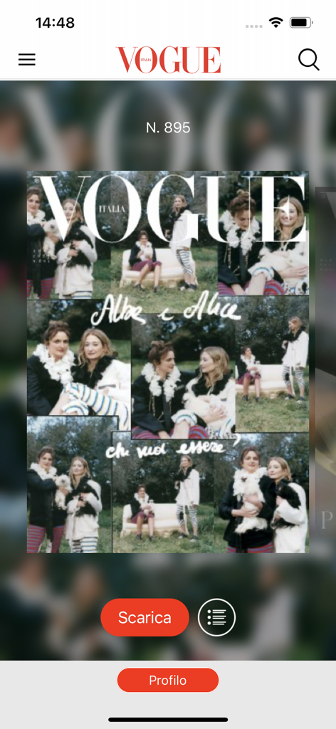 VOGUE ITALIA - Vogue Italia app interface showing a magazine cover with fashion photography and download options.