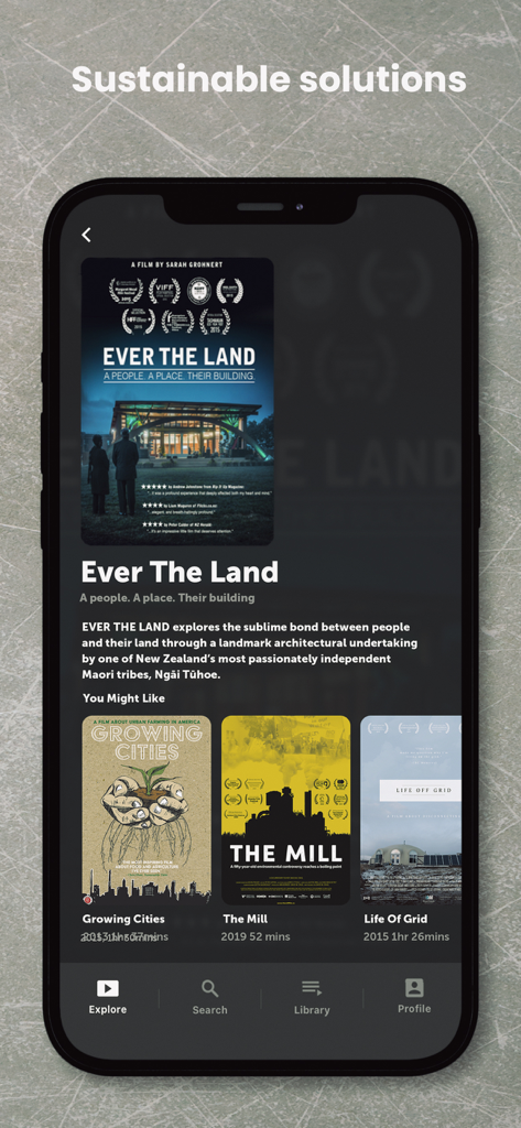 Página de detalles de películas de la aplicación Shelter para Ever The Land, con documentales de arquitectura sostenible