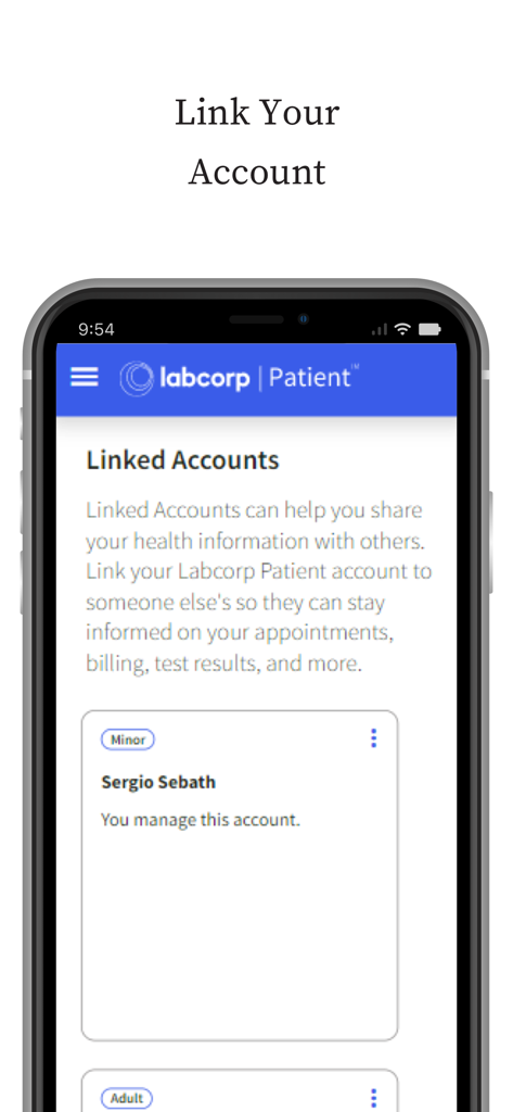 Interfaz de la aplicación móvil Labcorp Paciente que muestra la función de cuentas vinculadas para la gestión de la salud familiar
