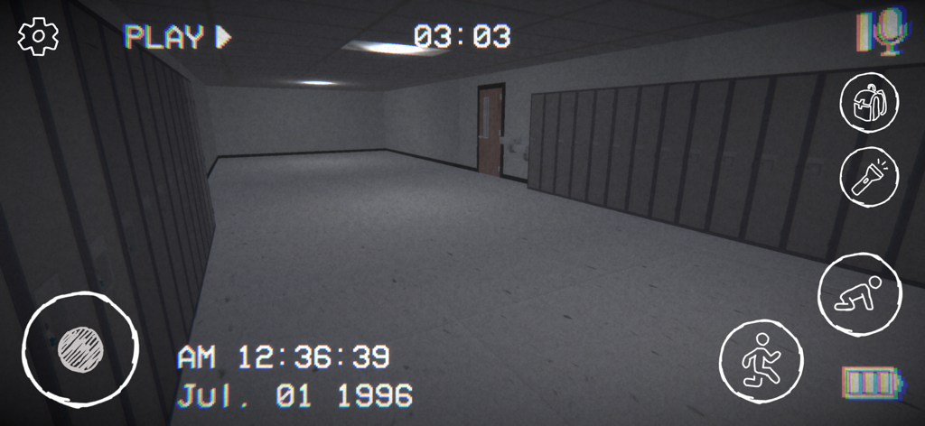 The back rooms - horror games - Captura de tela de jogabilidade em primeira pessoa de um corredor mal iluminado com armários e uma estética VHS em um jogo de terror.