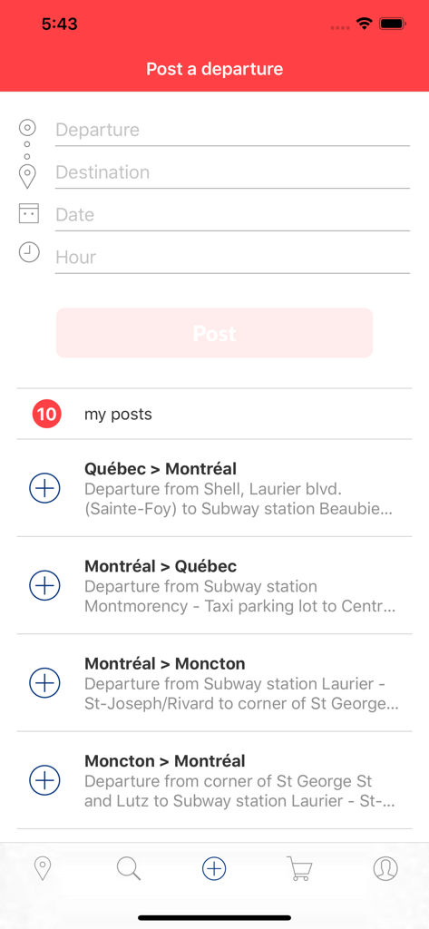 Interface for posting a ride departure in the Kangaride app