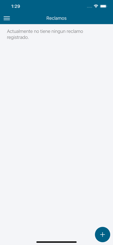 Elfec Móvil - Screen of the Elfec Movil app showing no registered claims with an add button at the bottom
