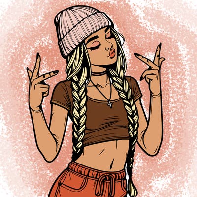 realistic teenage girl with braids and a beanie and crop top doing 🫶🏼