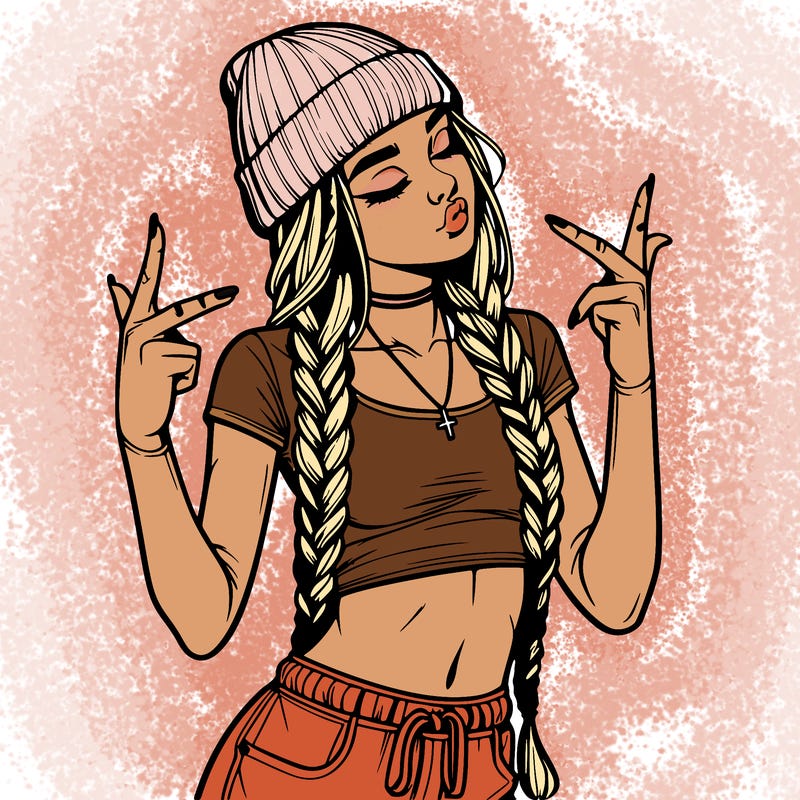 realistic teenage girl with braids and a beanie and crop top doing 🫶🏼