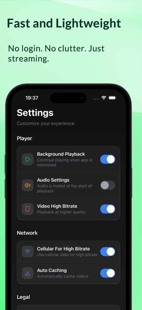 Settings screen of KofuPlayer showing background playback and video quality options in a dark minimalist UI