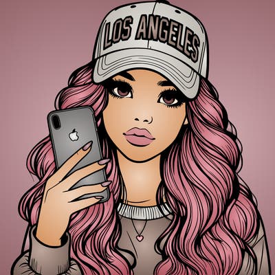 realistic beautiful girl wearing los ángeles cap holding an iphone