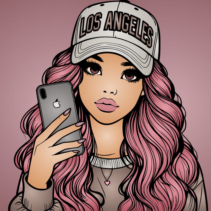 realistic beautiful girl wearing los ángeles cap holding an iphone