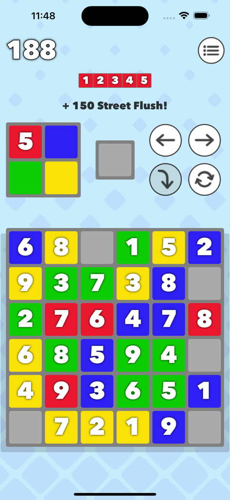 Margo 4 - Gameplay screen of Margo 4 showing a colorful grid of numbered tiles and a street flush combination reward