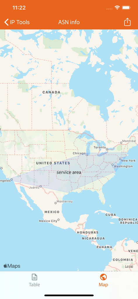 Mapa de información ASN que muestra un área de servicio de red en los Estados Unidos