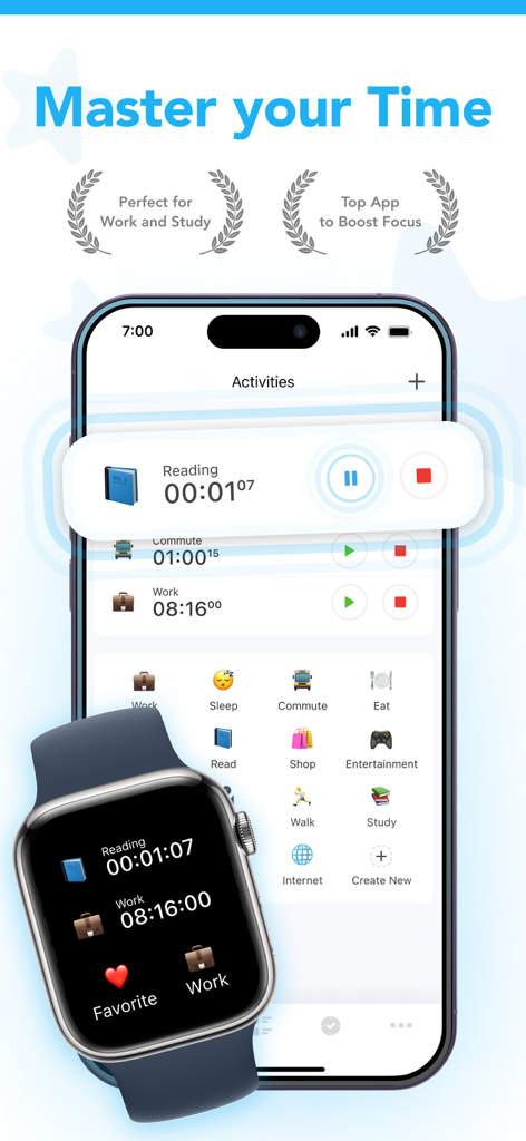 aTimeLogger app interface on iPhone and Apple Watch displaying activity tracking for work study and commute