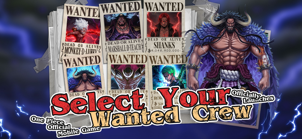 Dream Voyage New World 모바일 게임에서 해적 승무원을 만들기 위한 원피스 애니메이션 캐릭터 현상 수배 포스터 모음