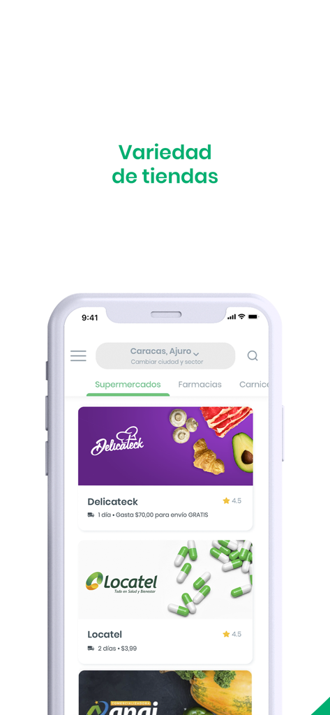 Coco Mercado - Coco Mercado app showing supermarket and pharmacy store options for delivery in Caracas Venezuela