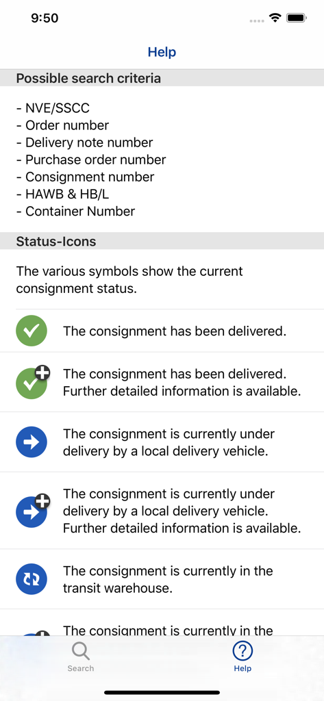 DACHSER shipmentpointer Hilfebildschirm mit Suchkriterien und Definitionen von Status-Icons.