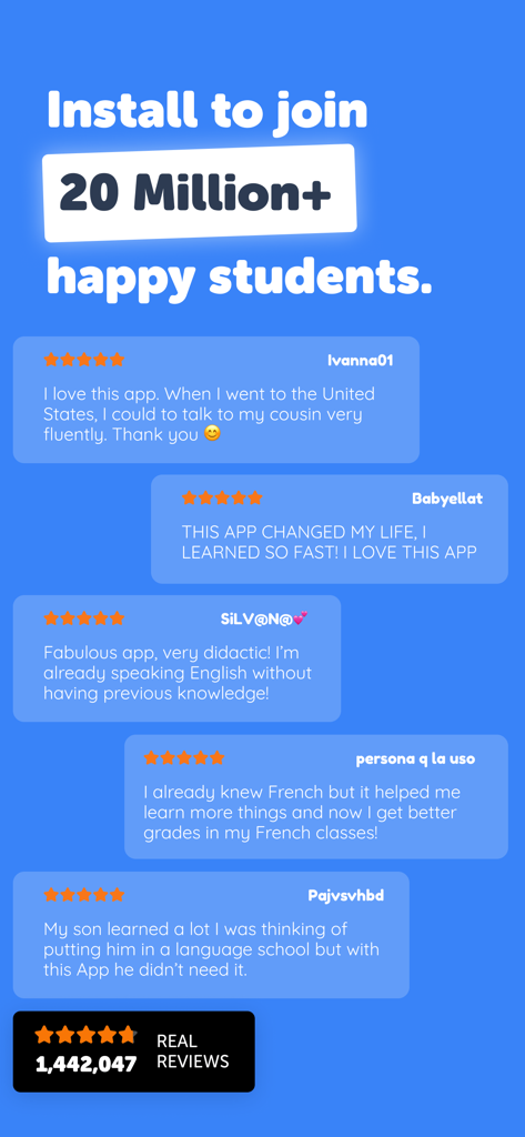Falou - Fast language learning - A collection of positive user reviews and five star ratings for the Falou language learning app
