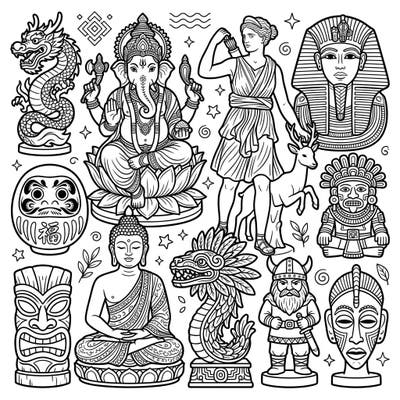 Embark on an artistic exploration of world cultures with this captivating coloring page featuring iconic statues. Discover and personalize intricate designs of deities, mythical beings, and legendary figures from across the globe.
